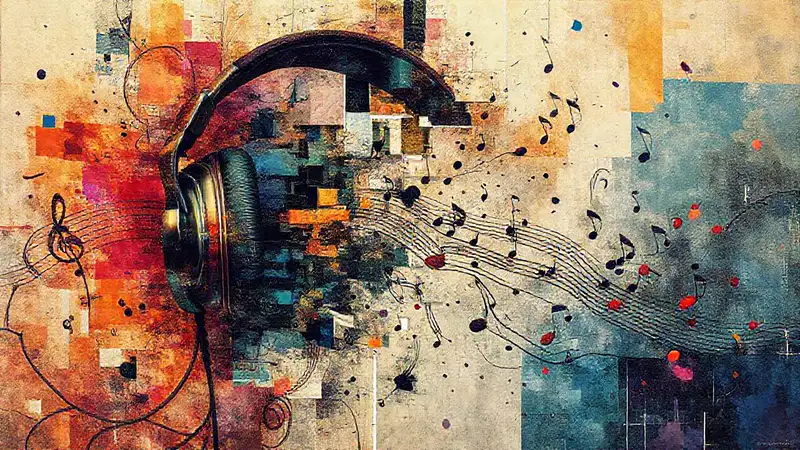 Arte digital abstracto de auriculares y notas musicales