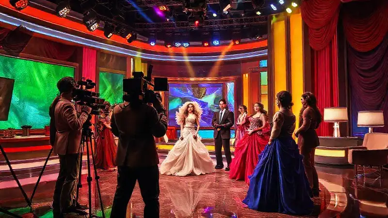 Diseño televisivo vibrante con actores glamorosos