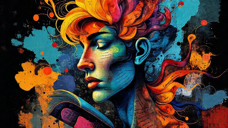 Arte abstracto con rostro, libros y colores vibrantes