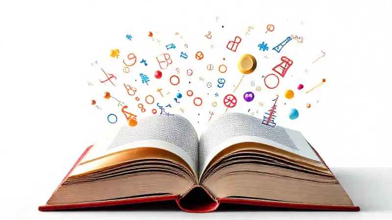Libro abierto con símbolos científicos abstractos