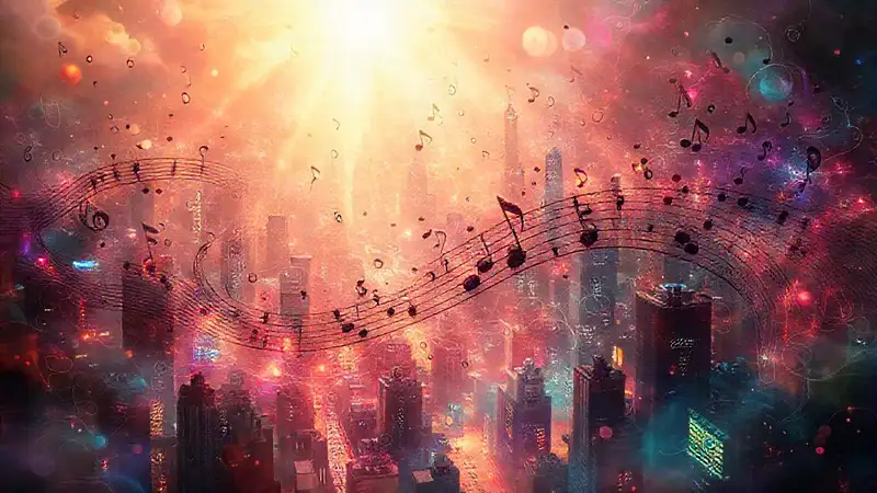 Notas musicales y ciudad en arte surrealista