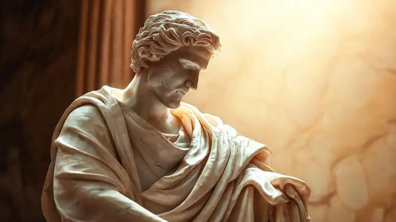 Escultura clásica de mármol, expresión profunda y elegante