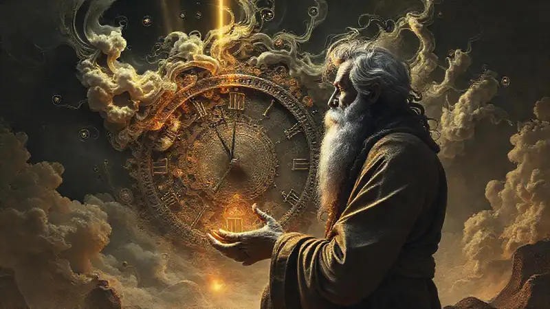 Filósofo contempla reloj luminoso y surrealista