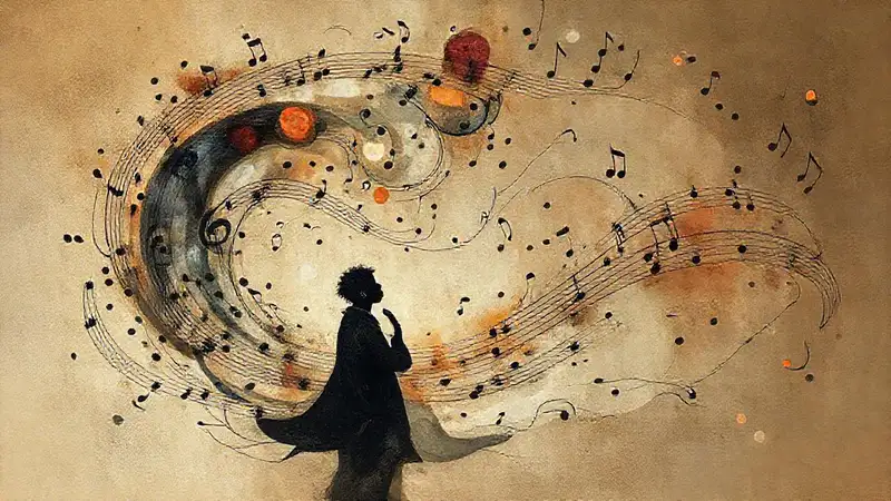 Notas y símbolos en atmósfera surrealista minimalista