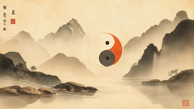 Símbolo Yin y Yang en paisaje armonioso