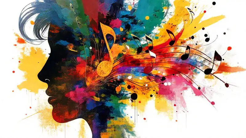 Notas musicales, colores y rostro en arte digital