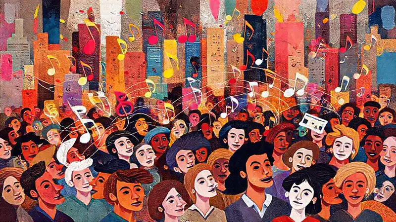 Notas musicales y ciudad vibrante en armonía