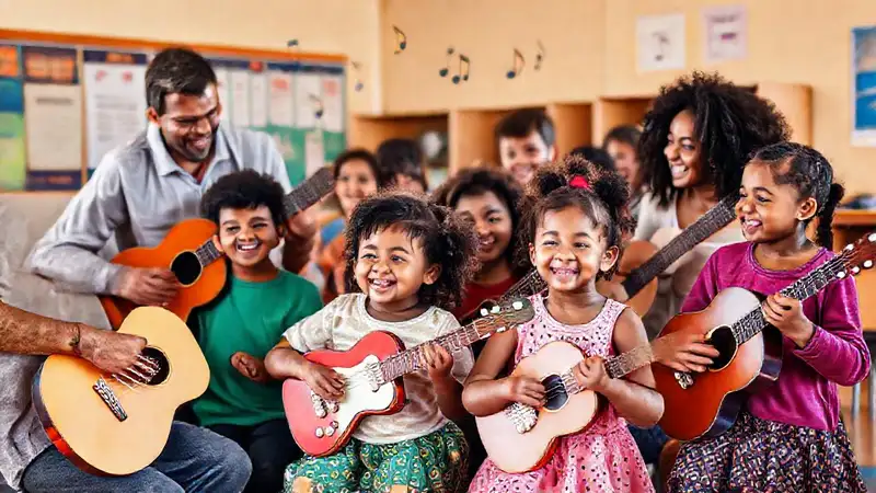 Niños y adultos compartiendo instrumentos musicales felices