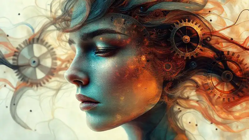 Retrato surrealista con engranajes y emociones fluidas