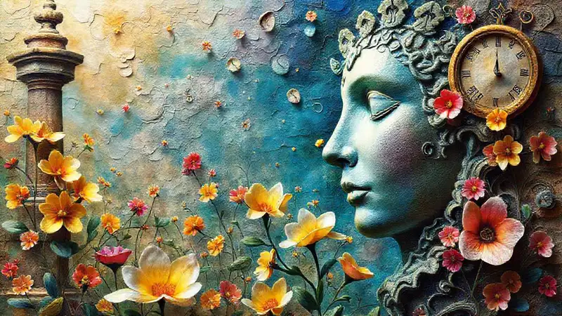 Arte surrealista con esculturas, flores y memorias
