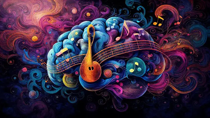Cerebro vibrante con notas y herramientas musicales