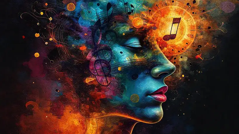Cara abstracta con notas y símbolos filosóficos