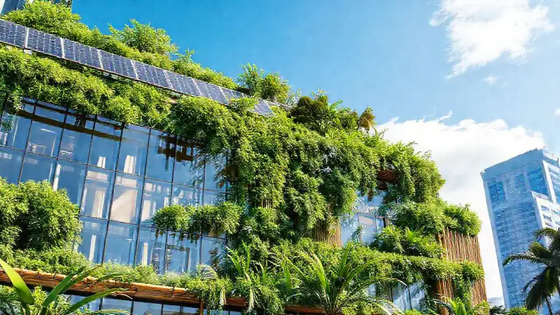 Fachada moderna con paneles solares y vegetación