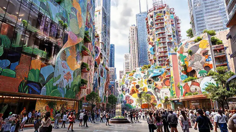 Ciudad moderna con arte, innovación y sostenibilidad