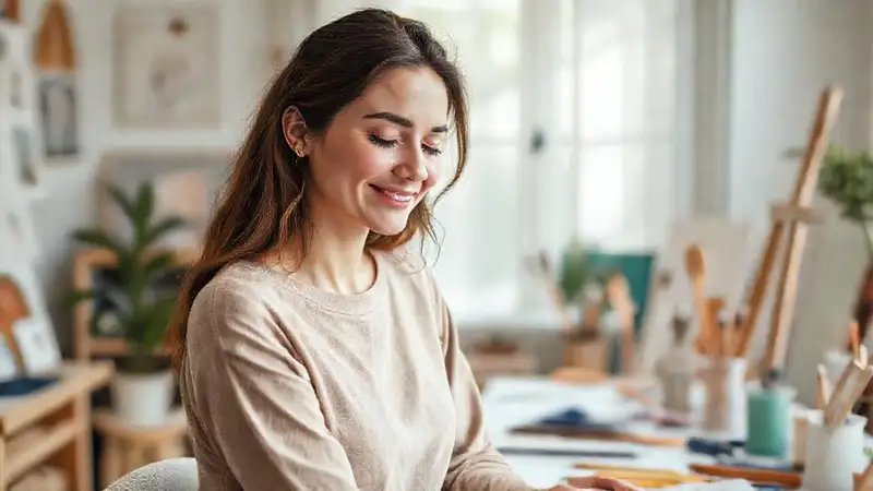 Persona tranquila, cuidándose en estudio acogedor
