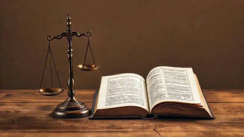Balanza, libro antiguo y figura pensativa