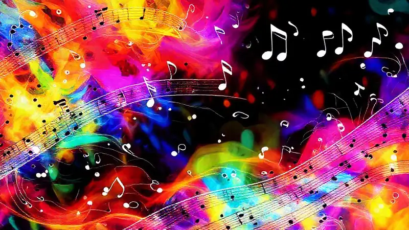 Notas musicales vibrantes en fondo abstracto colorido
