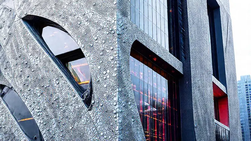 Fachada futurista con tecnología y colores vibrantes