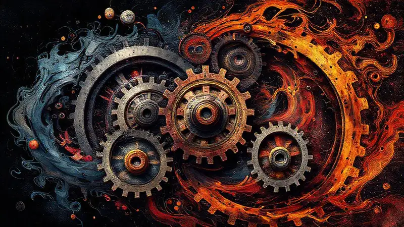 Arte digital con engranajes y símbolos filosóficos