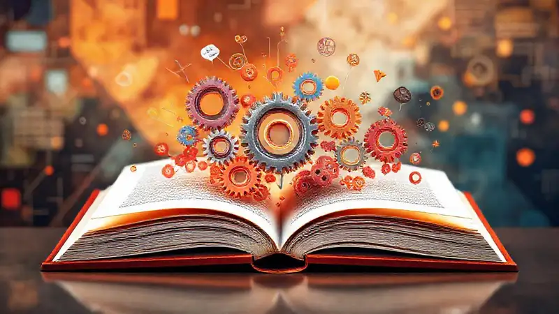 Libro abierto con engranajes y símbolos abstractos
