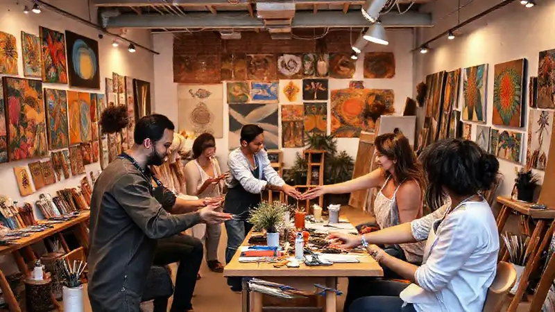 Artistas colaboran en un estudio creativo vibrante