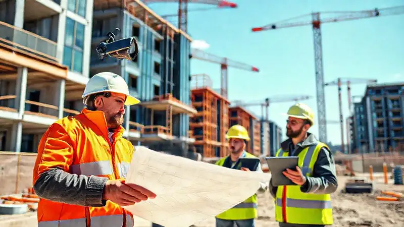 Vigilancia en obra, arquitecto revisa planos