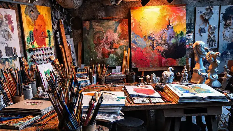 Espacio creativo con arte y herramientas variadas