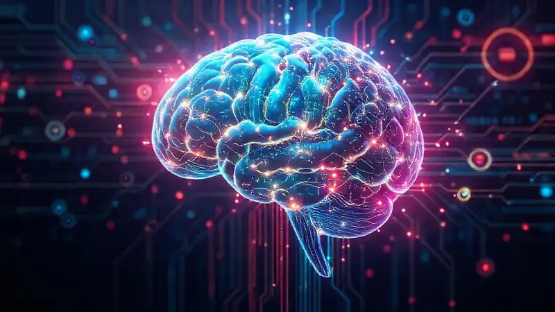Cerebro digital futurista con luces y datos