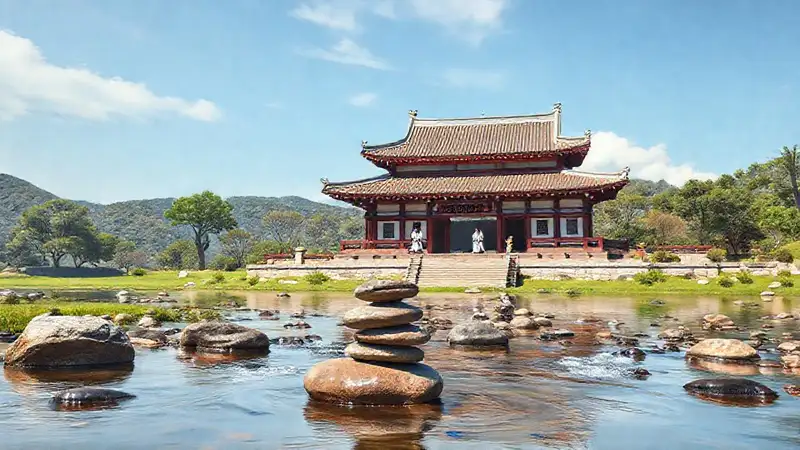Templo asiático, meditación y paisaje sereno