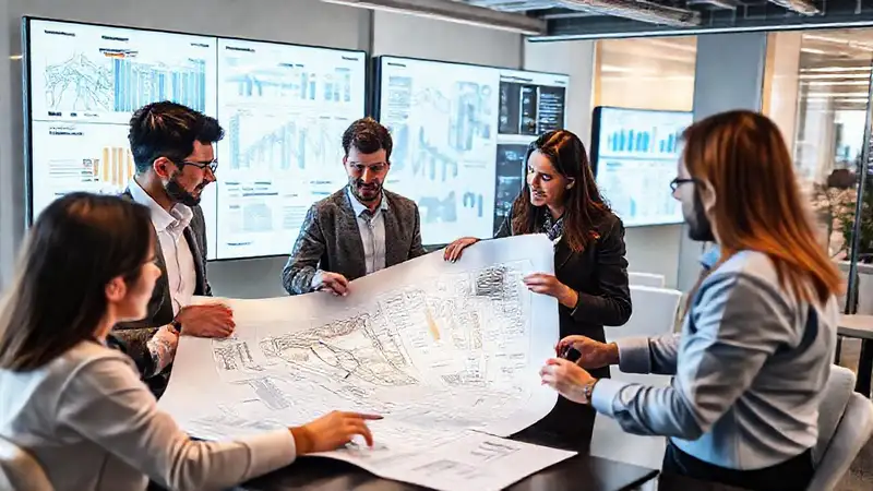 Equipo desarrolla proyecto arquitectónico en entorno moderno