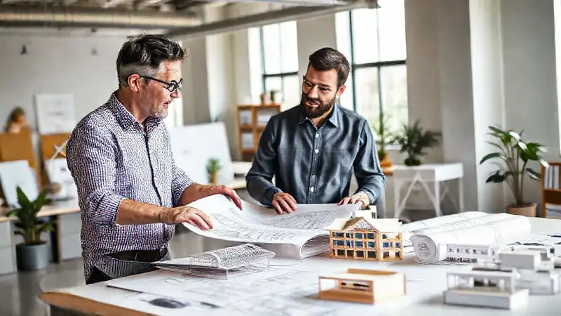 Mentor y aprendiz trabajan en bocetos arquitectónicos