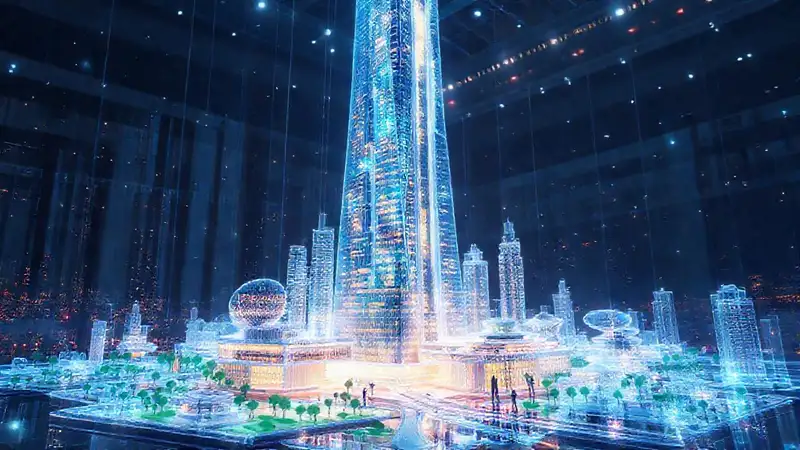 Rascacielos futurista con tecnología y sostenibilidad