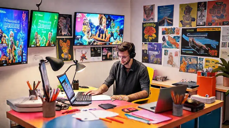 Diseñador gráfico en un entorno creativo y colorido