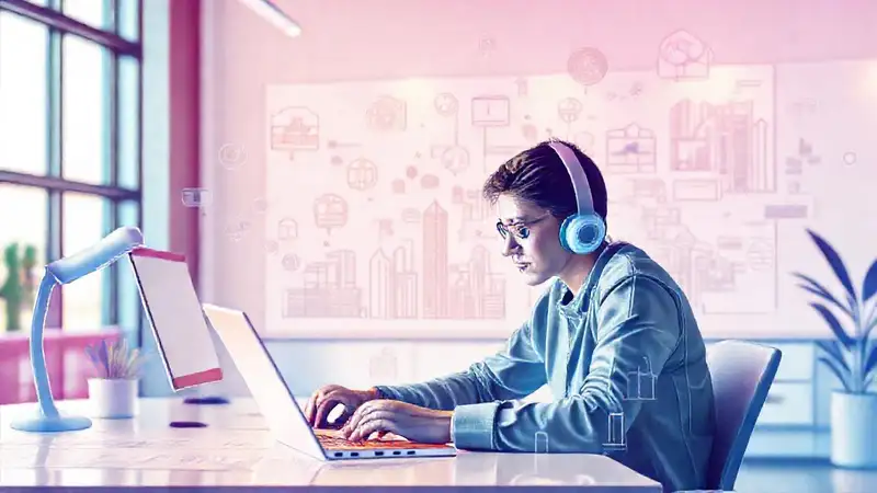 Estudiante en línea en entorno digital innovador