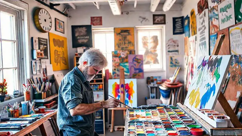 Artista crea en un estudio inspirador y colorido