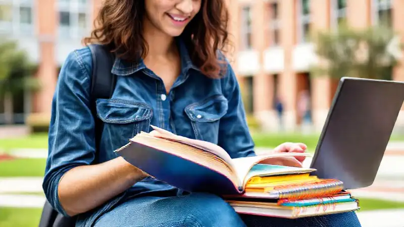 Estudiante planifica con libros, laptop y notas