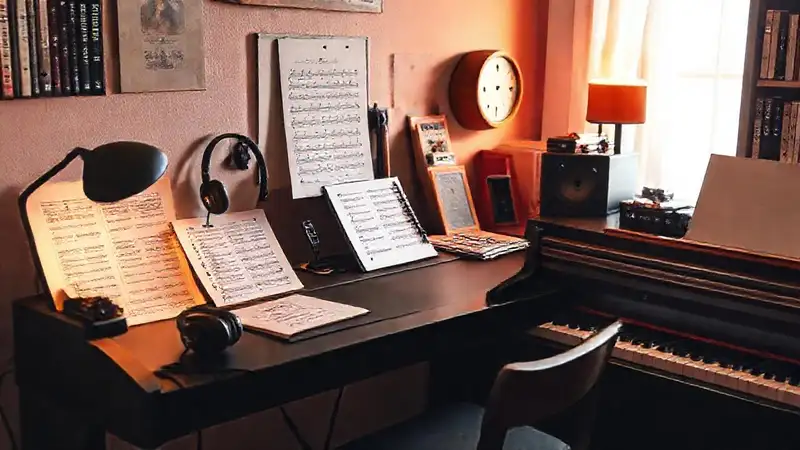 Estudio musical ordenado y acogedor