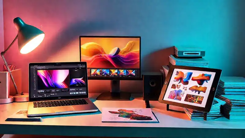 Espacio creativo con arte digital y orden