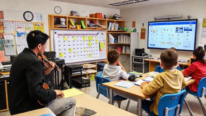 Aula moderna con recursos y orden vibrante