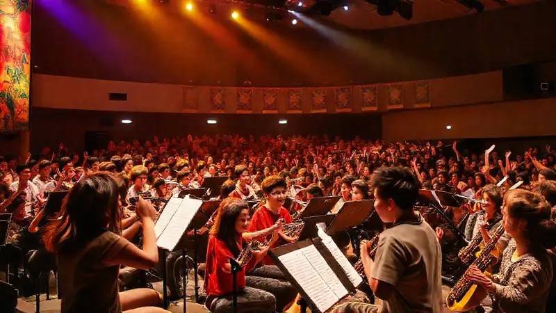 Músicos estudiantes alegres en concierto vibrante