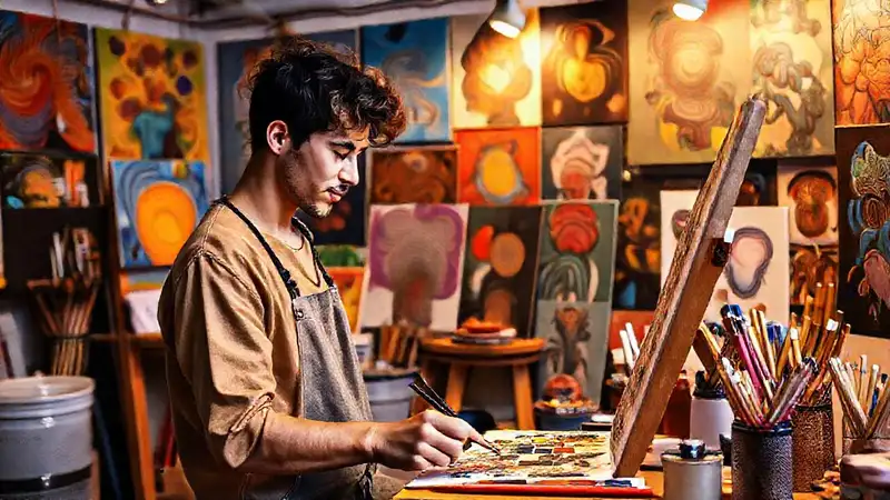 Estudiante de arte pintando en estudio colorido