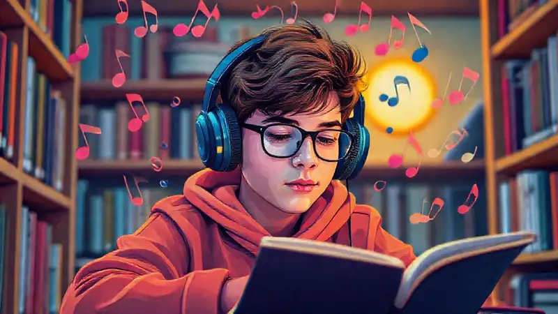 Estudiante con auriculares en estudio inspirador