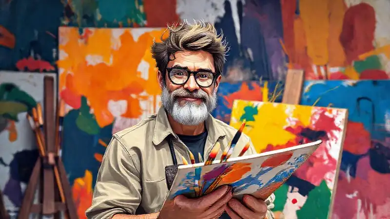 Artista creativo en entorno vibrante y colorido