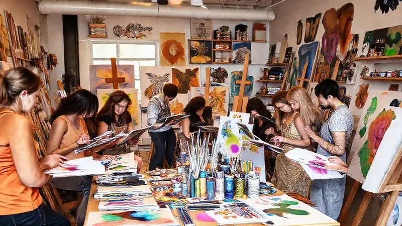 Estudio de arte vibrante con artistas diversos