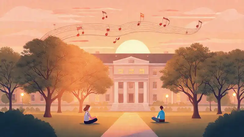 Música tranquila y paz en campus universitario