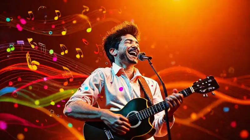 Músico alegre toca con energía vibrante