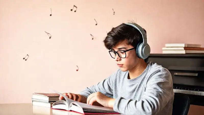 Estudiante estudiando con música y concentración