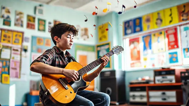Estudiante practica guitarra en aula vibrante y luminosa