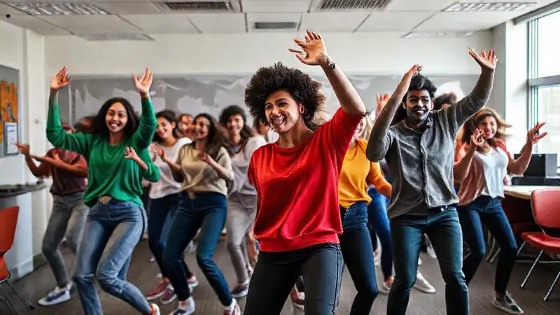 Estudiantes bailando en aula moderna y creativa