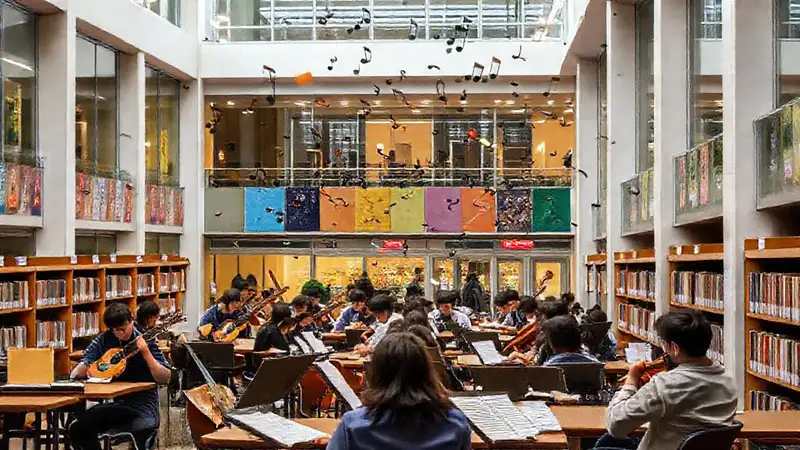 Biblioteca universitaria con estudiantes y notas musicales